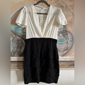 Sandro White V-neck Eyelet black ruffle combo Silk and Viscose Pencil Dress